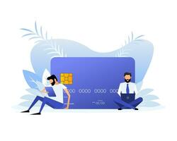 Flat credit card with people on a white background. Vector illustration