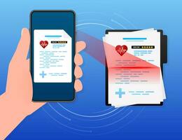 Vector illustration of healthcare concept with cool check list on clipboard and red stethoscope.