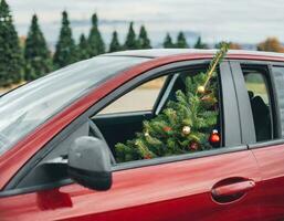 Christmas background with snow and red car christmas tree photo