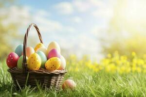 ai generado cesta con Pascua de Resurrección huevos en el césped. contento Pascua de Resurrección antecedentes. foto