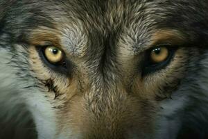 ai generado bandera con de cerca retrato de un gris lobo con marrón ojos y nariz foto