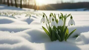 AI generated First spring snowdrops flowers sticking out from the snow. photo