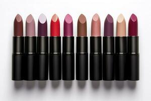 AI generated Set of color lipsticks isolated on white background photo