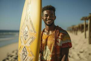 AI generated Portrait of beautiful african darkskin man holding sup board. Stand up paddle boarding outdoor active recreation photo