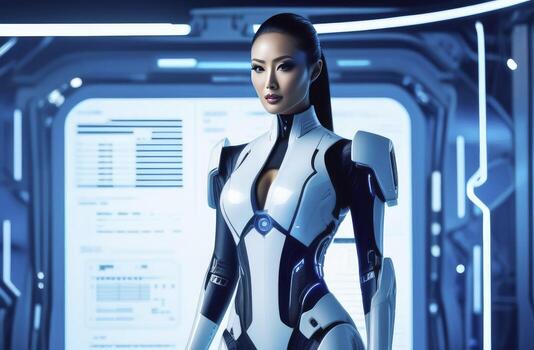 AI generated Beautiful cyber woman in futuristic robot costume. Augmented reality game, future technology. photo