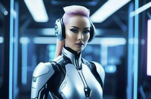 AI generated Beautiful cyber woman in futuristic robot costume. Augmented reality game, future technology. photo