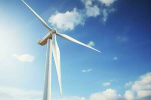 ai generado cerca arriba ver de viento granja o viento parque, con alto viento turbinas para Generacion electricidad con Copiar espacio. foto