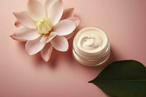 AI generated Pink cream bottle with beauty products lotus flower and leaves on pink background. Natural organic skin care. photo