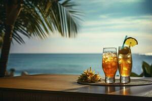 AI generated Colorful cocktail or juice in a glass decorated on a wooden table on blurred seascape background photo