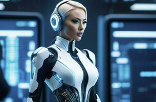 AI generated Beautiful cyber woman in futuristic robot costume. Augmented reality game, future technology. photo