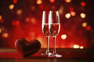 AI generated two glasses of champagne and red heart against bokeh background with text area photo