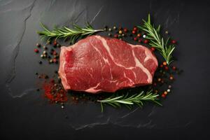 AI generated Raw organic marbled beef steaks with spices on a wooden cutting board on a black background. photo