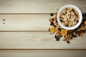 AI generated bowl of oat granola with yogurt, fresh raspberries, blueberries, strawberries, blackberries and nuts on wooden board photo