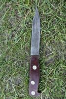 A homemade knife on the grass. An iron knife with a handle. photo