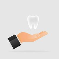 Tooth in hand in cartoon style on light background. Vector illustration 3d. White background