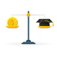 Education vs money on scales icon. Money and time balance on scale vector
