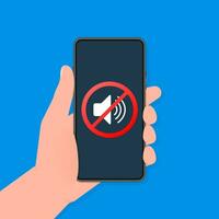 Hand holds phone with no sound sign on screen on darck background. Vector illustration.