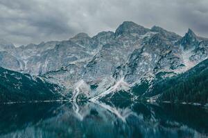 Calm mountain lake on a cloudy weather photo