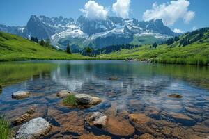 AI generated clean lake in clear water among alpine meadows in a high mountain valley photo