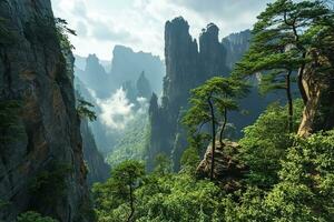 AI generated beautiful mountain landscape with natural stone pillars and cliffs photo