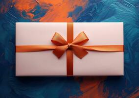 AI generated packed box with a gift tied with ribbon photo