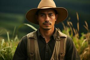 AI generated asian young man with backpack and hut outdoor against the blurred natural grassy background photo