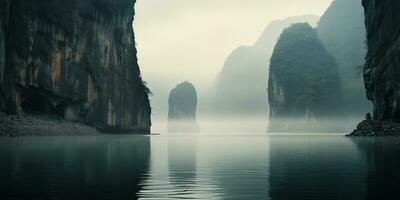 AI generated aerial predawn view of the tropical coast with karst limestone islets and cliffs in morning fog photo