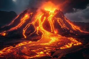 ai generado cerca ver de un volcánico erupción con lava fluye foto