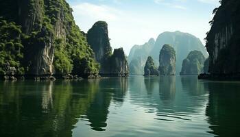 AI generated beautiful landscape of tropical coast with karst limestone islets and cliffs photo