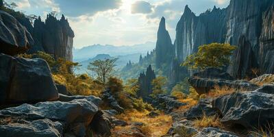 AI generated beautiful mountainous area with karst rocks photo