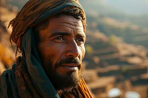 AI generated arabian rural man in national clothes against the background of a valley with agricultural terraces photo