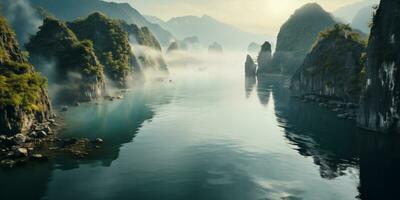 ai generado paisaje, aéreo ver de un hermosa río Valle con niebla y karst rocas foto