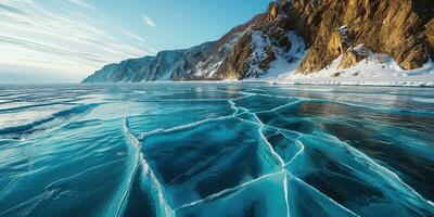 ai generado invierno ver de grande congelado lago con montañoso costa foto