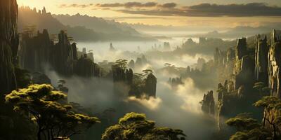 AI generated aerial view of rocky mountain landscape with stone pillars and cliffs in morning fog photo