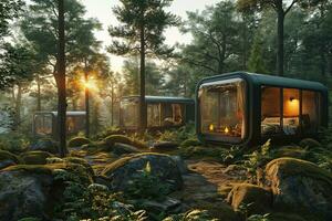 AI generated mini hotel, futuristic cabins in the wooded mountains photo