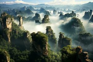 AI generated aerial view of rocky mountain landscape with stone pillars and cliffs in foggy haze photo