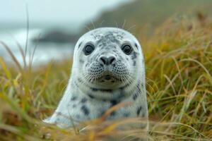 AI generated seal on the shore among the grass on the island photo