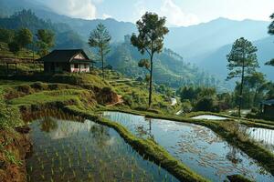 AI generated rural landscape with rice fields on mountain slopes photo