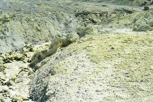 tephra soil with yellow deposits of sulfur minerals in the area of volcanic gases in the solfataric field photo