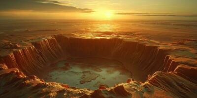 AI generated lifeless post apocalyptic landscape with a caked surface and huge craters filled with dirt photo