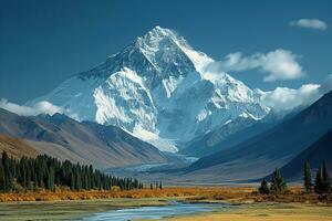 AI generated glacier melts from a majestic peak, giving rise to a mountain river photo