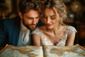 AI generated newlyweds looking at the world map, planning their honeymoon photo