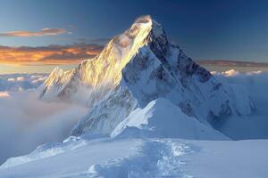 ai generado difícil camino a brillante picos, montaña paisaje con un alpinismo camino a un distante pico foto