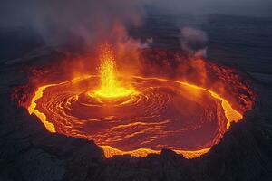 ai generado lago de fundido lava en un volcánico cráter, aéreo ver foto