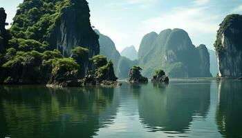 AI generated beautiful landscape of tropical coast with karst limestone islets and cliffs photo