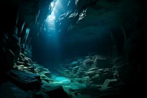 submarino cueva con luz de sol brillante mediante el agua foto