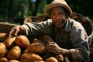 AI generated man farmer with harvested potatoes photo