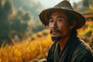 AI generated asian rural man in folk clothes against the background of a field photo