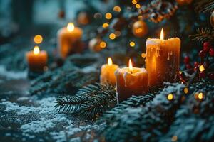 AI generated New Year card, background, holiday candles burning on the table on a winter night outdoors photo
