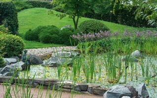 fragment of the design of a Japanese garden with a shore of a reservoir, stones, sedge and kappa sculpture photo